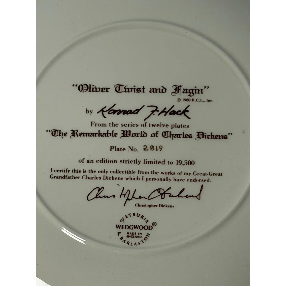 Wedgwood Oliver Twist and Fagin Collector Plate Konrad Hack Limited Edition COA